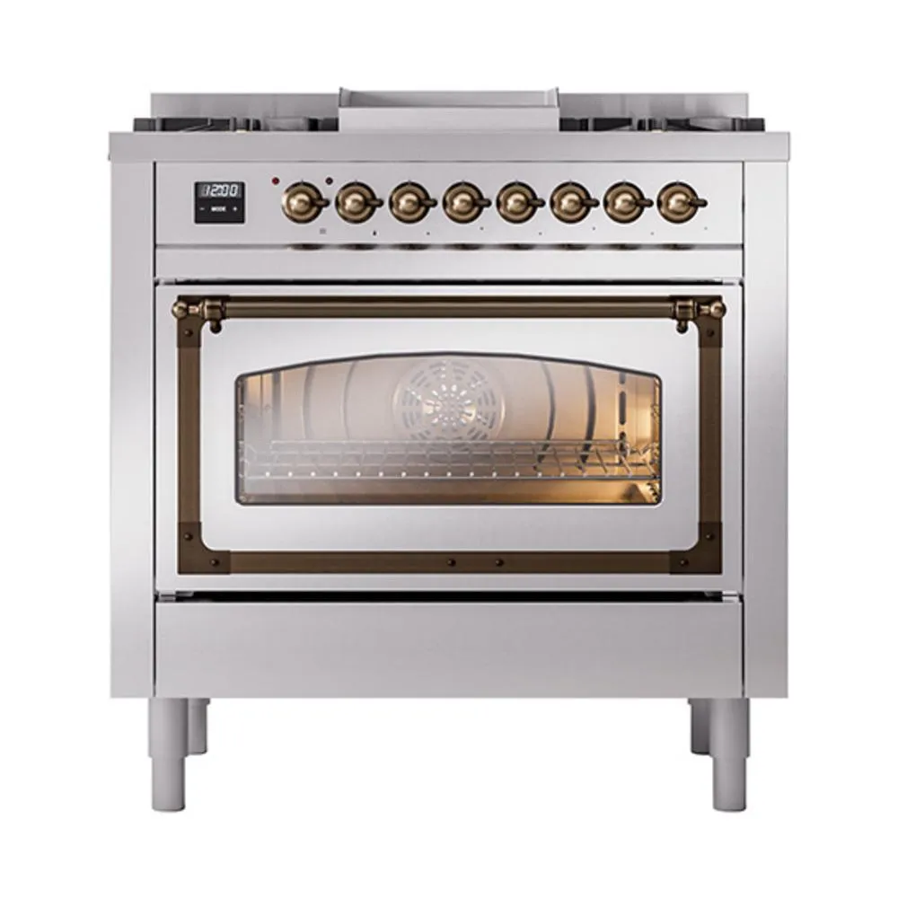 Ilve UN36FNMPSSB Ilve Un36Fnmpssb Nostalgie Ii Noblesse 36" Dual Fuel Range (Natural Gas, Triple Glass Door, Stainless Steel, Burnished)
