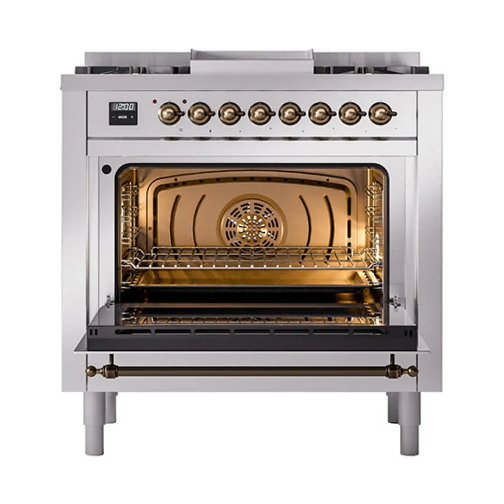 Ilve UN36FNMPSSB Ilve Un36Fnmpssb Nostalgie Ii Noblesse 36" Dual Fuel Range (Natural Gas, Triple Glass Door, Stainless Steel, Burnished)