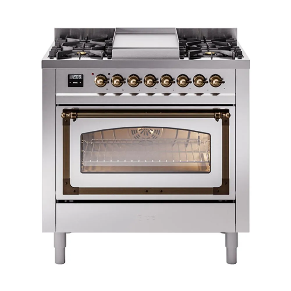 Ilve UN36FNMPSSB Ilve Un36Fnmpssb Nostalgie Ii Noblesse 36" Dual Fuel Range (Natural Gas, Triple Glass Door, Stainless Steel, Burnished)