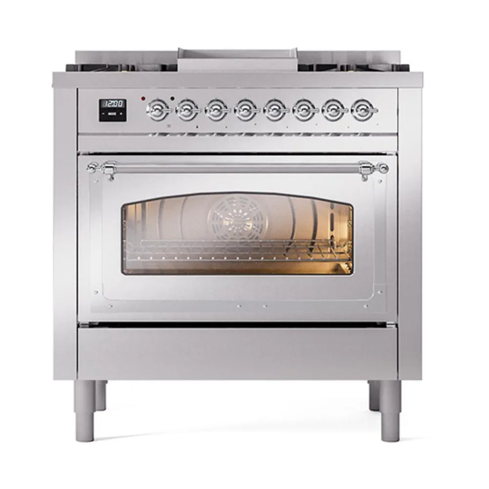 Ilve UN36FNMPSSCLP Ilve Un36Fnmpssclp Nostalgie Ii Noblesse 36" Dual Fuel Range (Liquid Propane, Triple Glass Door, Stainless Steel, Chrome)