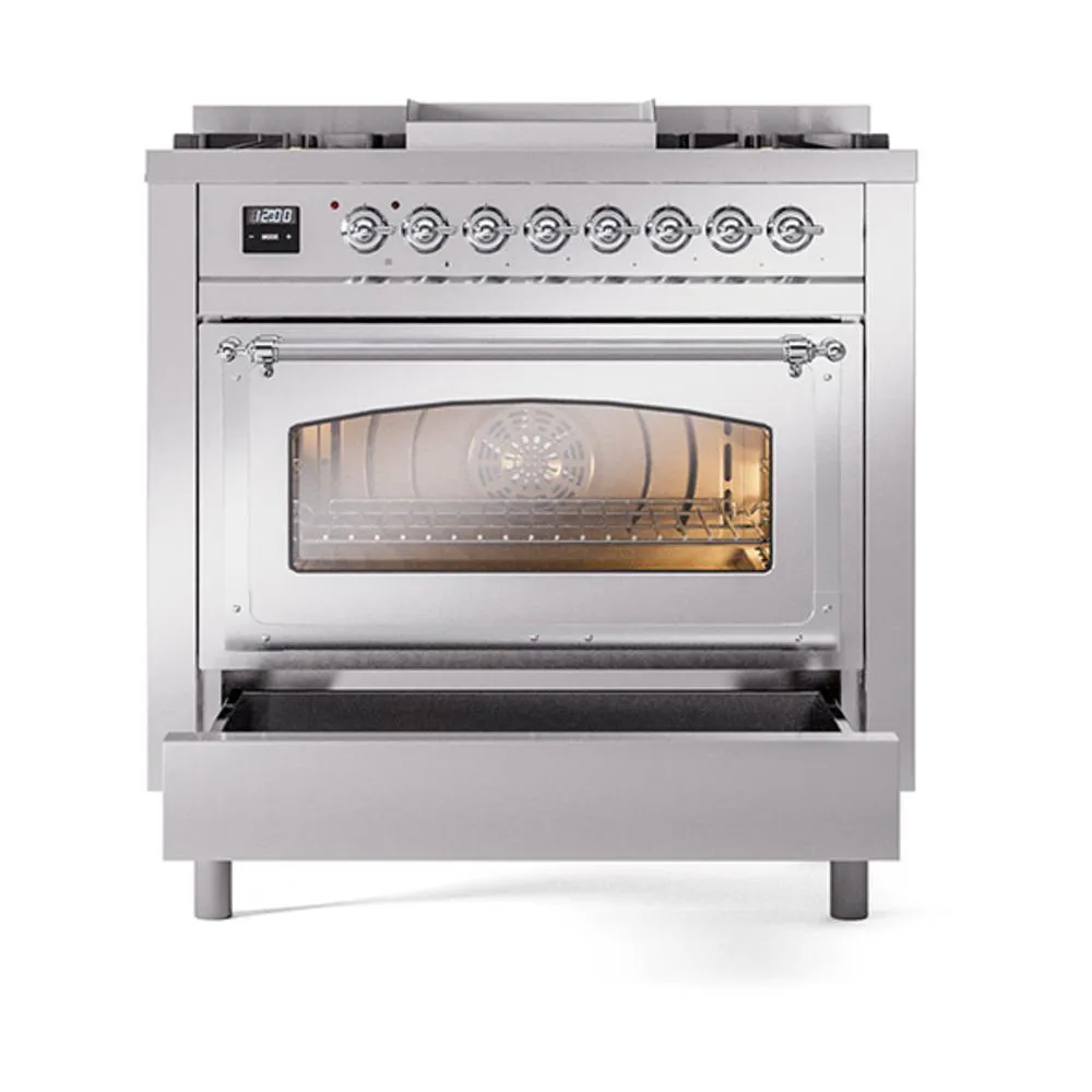 Ilve UN36FNMPSSCLP Ilve Un36Fnmpssclp Nostalgie Ii Noblesse 36" Dual Fuel Range (Liquid Propane, Triple Glass Door, Stainless Steel, Chrome)