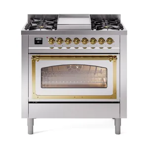 Ilve UN36FNMPSSG Ilve Un36Fnmpssg Nostalgie Ii Noblesse 36" Dual Fuel Range (Natural Gas, Triple Glass Door, Stainless Steel, Brass)