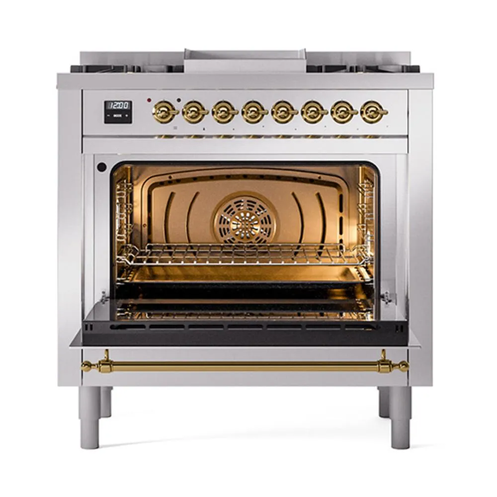 Ilve UN36FNMPSSGLP Ilve Un36Fnmpssglp Nostalgie Ii Noblesse 36" Dual Fuel Range (Liquid Propane, Triple Glass Door, Stainless Steel, Brass)