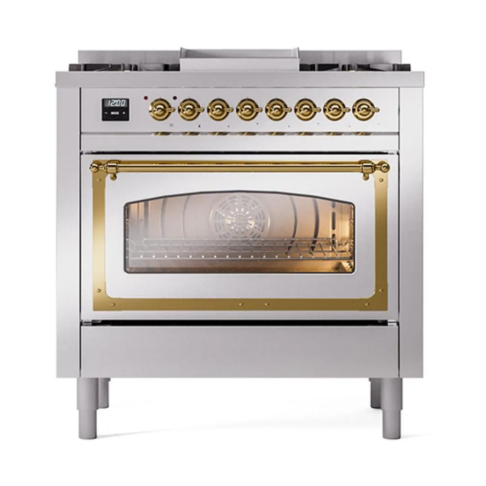 Ilve UN36FNMPSSGLP Ilve Un36Fnmpssglp Nostalgie Ii Noblesse 36" Dual Fuel Range (Liquid Propane, Triple Glass Door, Stainless Steel, Brass)