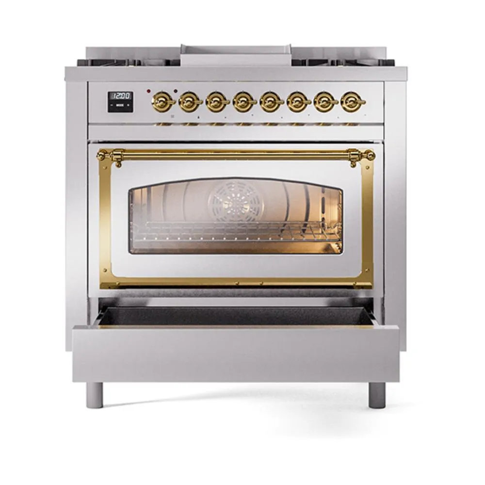 Ilve UN36FNMPSSGLP Ilve Un36Fnmpssglp Nostalgie Ii Noblesse 36" Dual Fuel Range (Liquid Propane, Triple Glass Door, Stainless Steel, Brass)