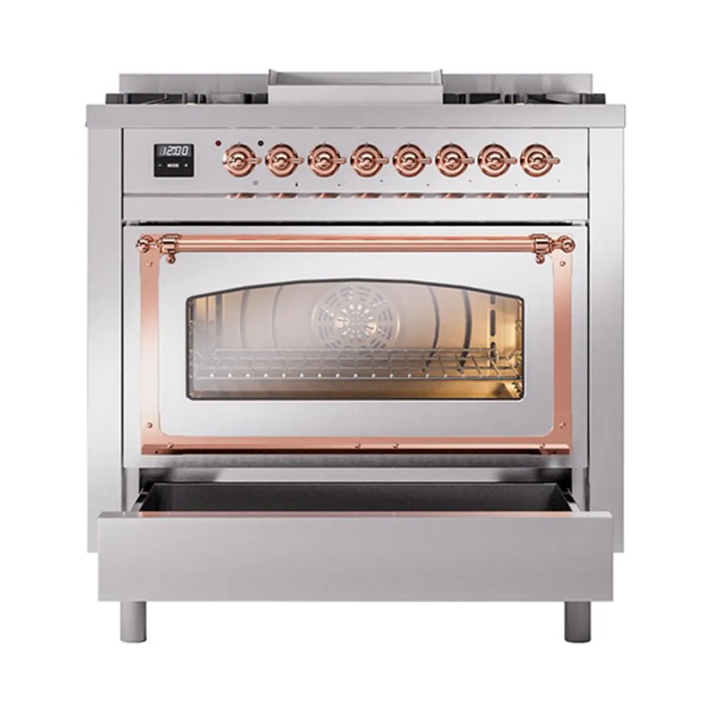 Ilve UN36FNMPSSP Ilve Un36Fnmpssp Nostalgie Ii Noblesse 36" Dual Fuel Range (Natural Gas, Triple Glass Door, Stainless Steel, Copper)