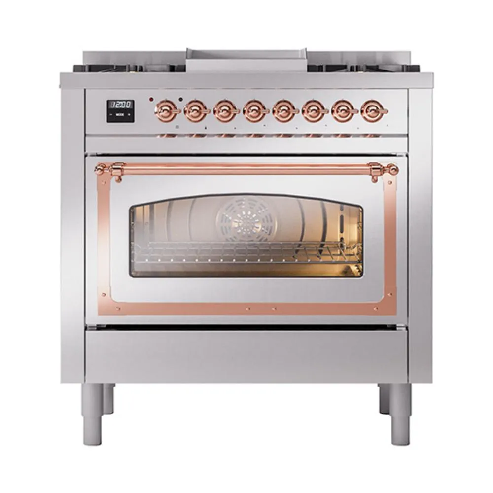 Ilve UN36FNMPSSPLP Ilve Un36Fnmpssplp Nostalgie Ii Noblesse 36" Dual Fuel Range (Liquid Propane, Triple Glass Door, Stainless Steel, Copper)