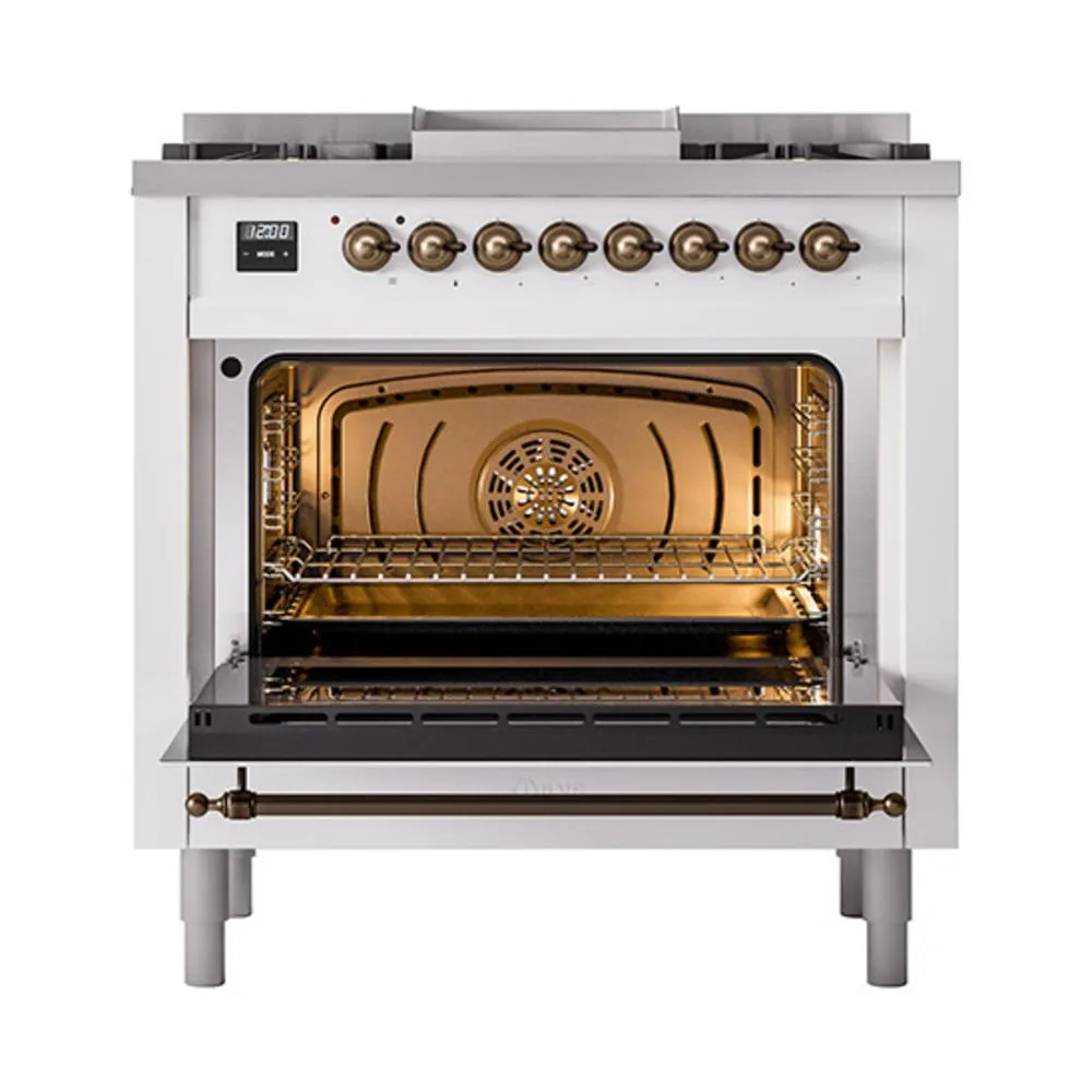 Ilve UN36FNMPWHB Ilve Un36Fnmpwhb Nostalgie Ii Noblesse 36" Dual Fuel Range (Natural Gas, Triple Glass Door, White, Burnished)