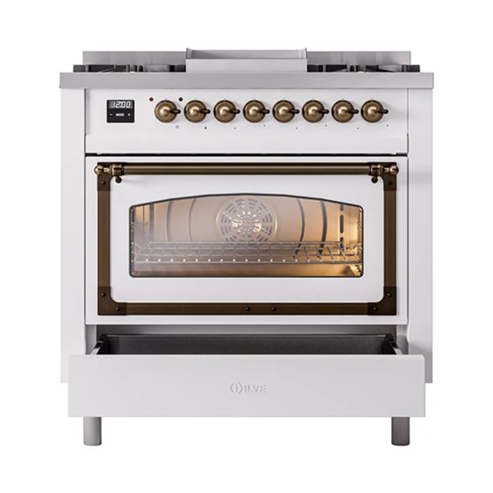 Ilve UN36FNMPWHB Ilve Un36Fnmpwhb Nostalgie Ii Noblesse 36" Dual Fuel Range (Natural Gas, Triple Glass Door, White, Burnished)