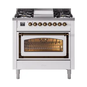 Ilve UN36FNMPWHB Ilve Un36Fnmpwhb Nostalgie Ii Noblesse 36" Dual Fuel Range (Natural Gas, Triple Glass Door, White, Burnished)