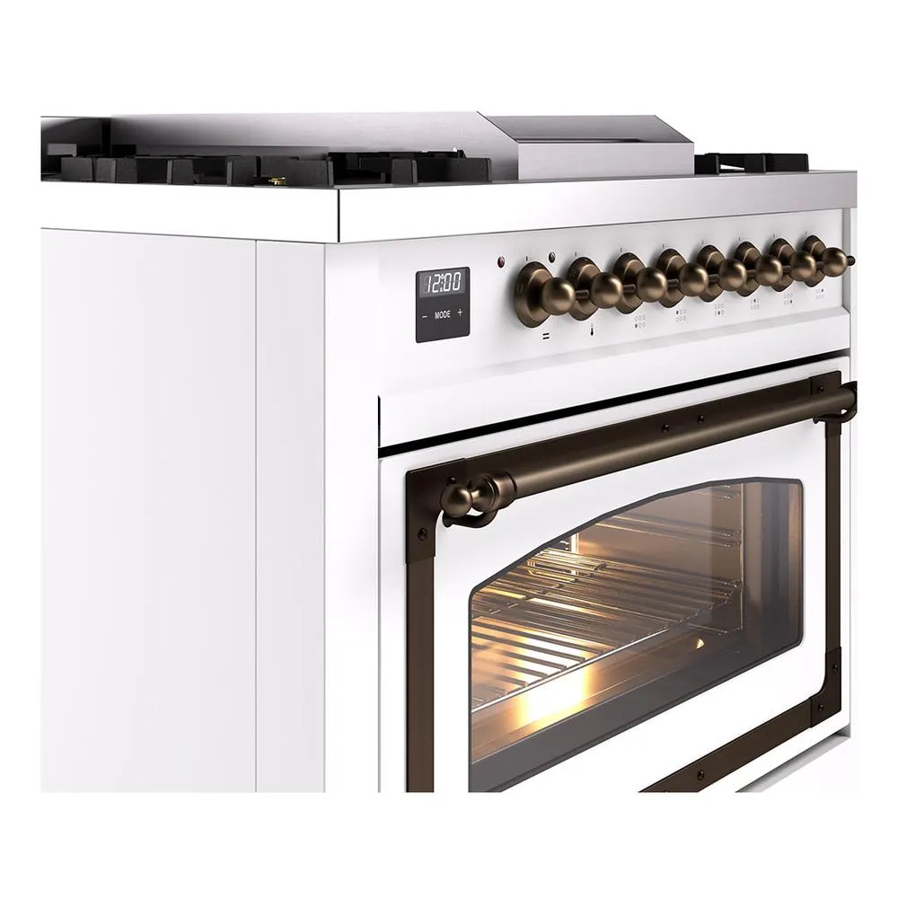 Ilve UN36FNMPWHB Ilve Un36Fnmpwhb Nostalgie Ii Noblesse 36" Dual Fuel Range (Natural Gas, Triple Glass Door, White, Burnished)