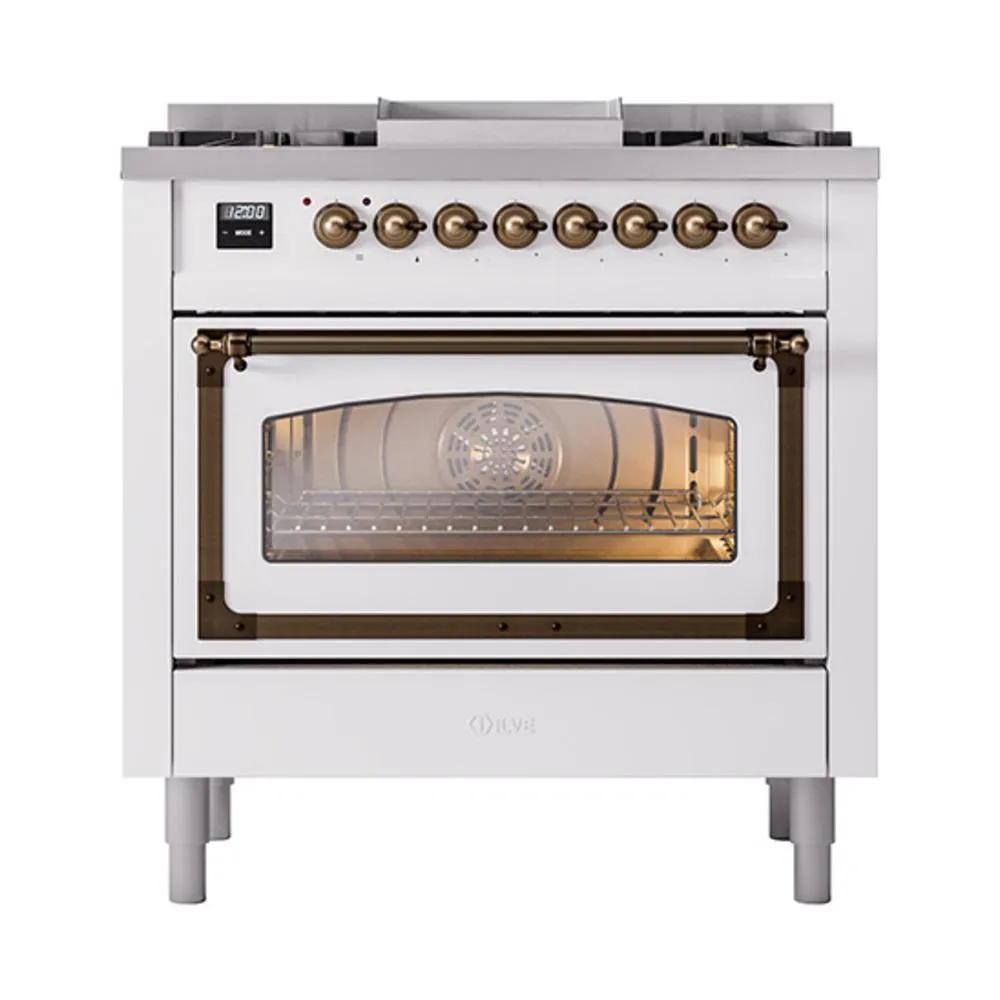 Ilve UN36FNMPWHB Ilve Un36Fnmpwhb Nostalgie Ii Noblesse 36" Dual Fuel Range (Natural Gas, Triple Glass Door, White, Burnished)