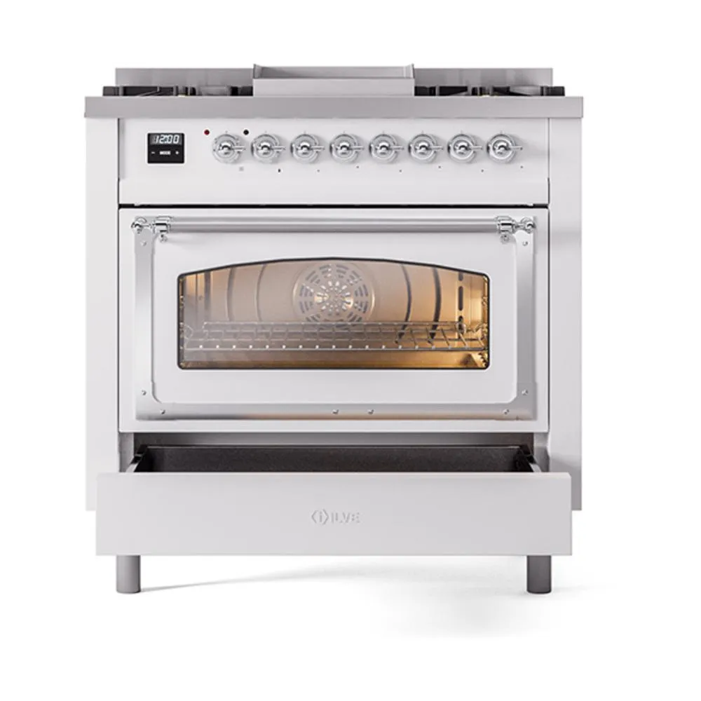 Ilve UN36FNMPWHC Ilve Un36Fnmpwhc Nostalgie Ii Noblesse 36" Dual Fuel Range (Natural Gas, Triple Glass Door, White, Chrome)