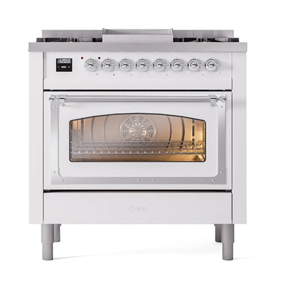 Ilve UN36FNMPWHC Ilve Un36Fnmpwhc Nostalgie Ii Noblesse 36" Dual Fuel Range (Natural Gas, Triple Glass Door, White, Chrome)