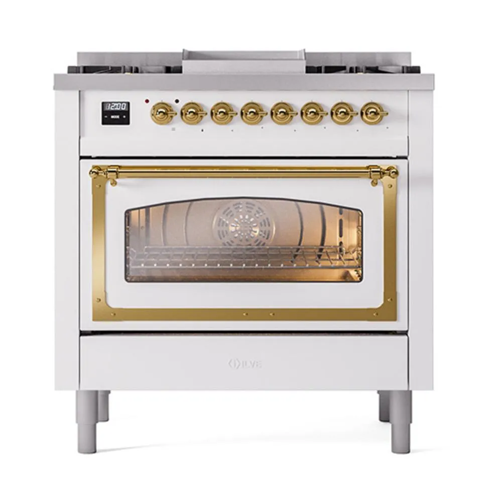Ilve UN36FNMPWHGLP Ilve Un36Fnmpwhglp Nostalgie Ii Noblesse 36" Dual Fuel Range (Liquid Propane, Triple Glass Door, White, Brass)