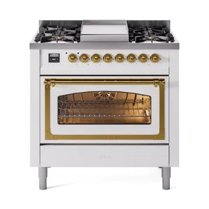 Ilve UN36FNMPWHGLP Ilve Un36Fnmpwhglp Nostalgie Ii Noblesse 36" Dual Fuel Range (Liquid Propane, Triple Glass Door, White, Brass)