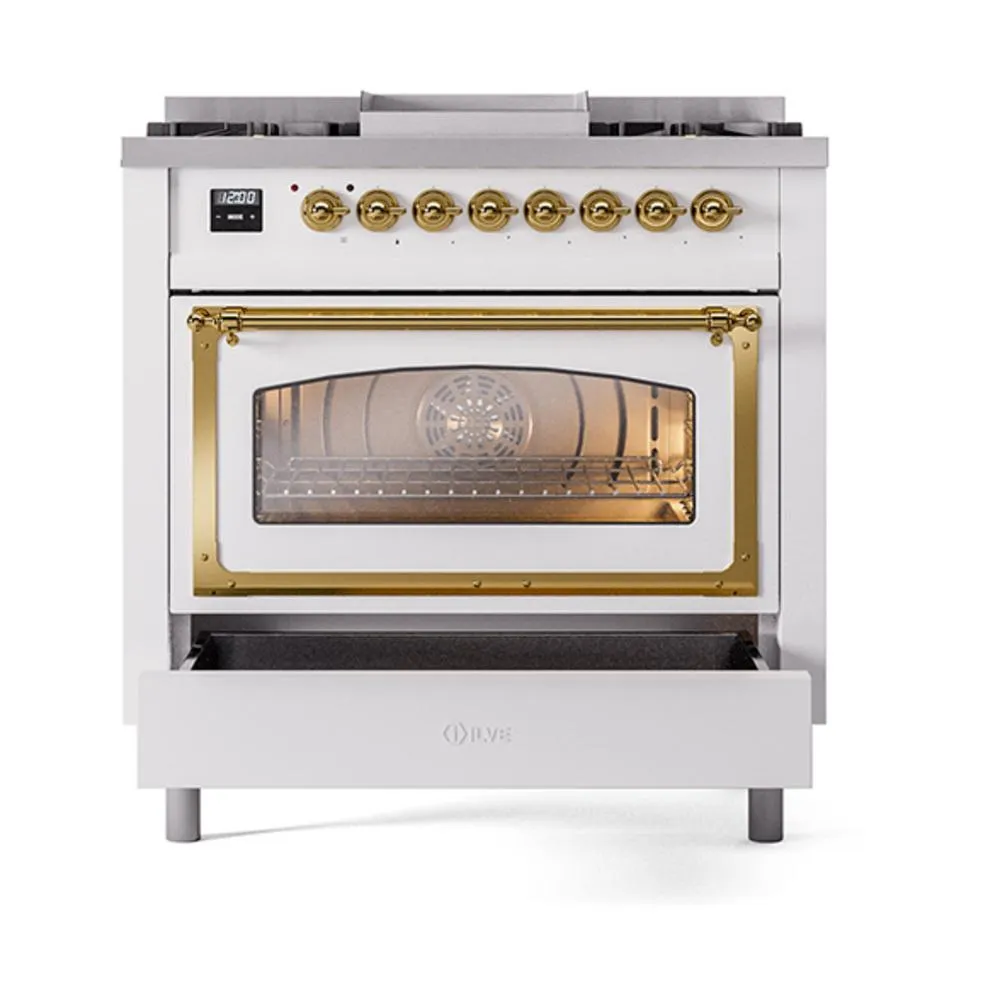 Ilve UN36FNMPWHGLP Ilve Un36Fnmpwhglp Nostalgie Ii Noblesse 36" Dual Fuel Range (Liquid Propane, Triple Glass Door, White, Brass)