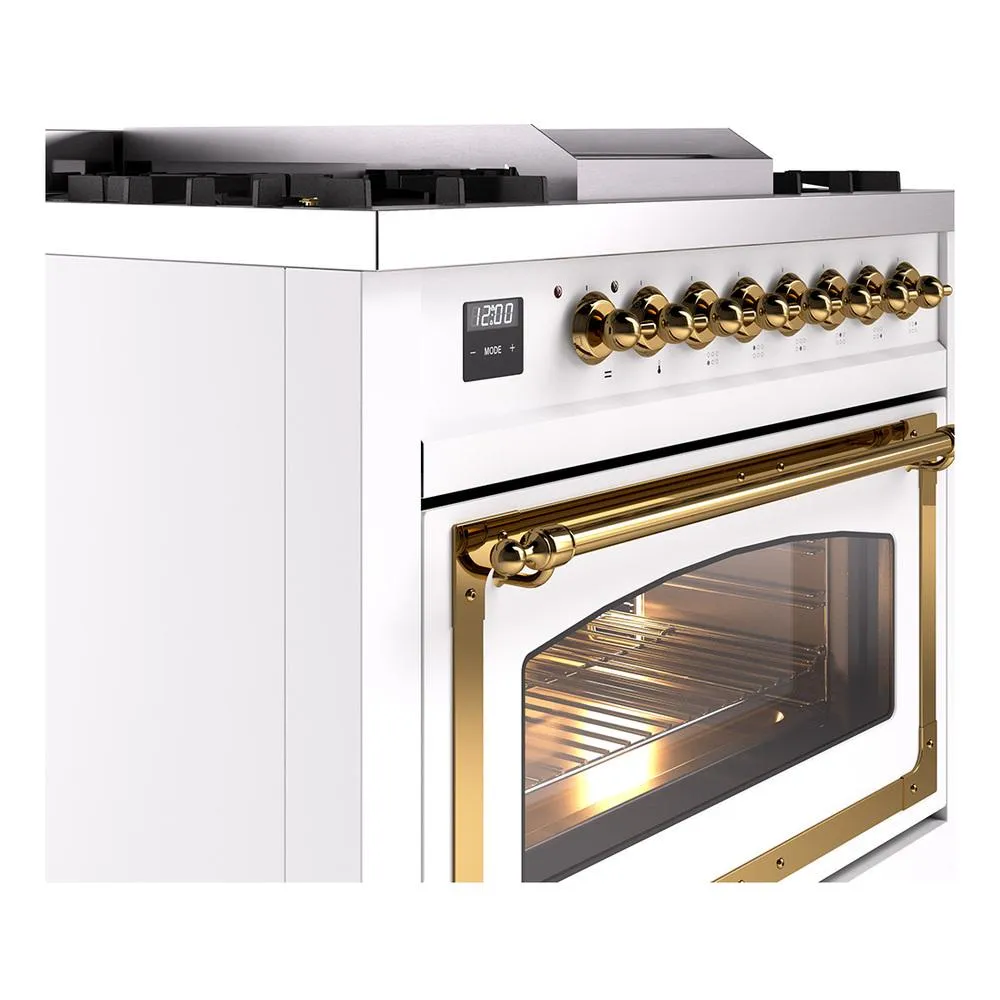 Ilve UN36FNMPWHGLP Ilve Un36Fnmpwhglp Nostalgie Ii Noblesse 36" Dual Fuel Range (Liquid Propane, Triple Glass Door, White, Brass)