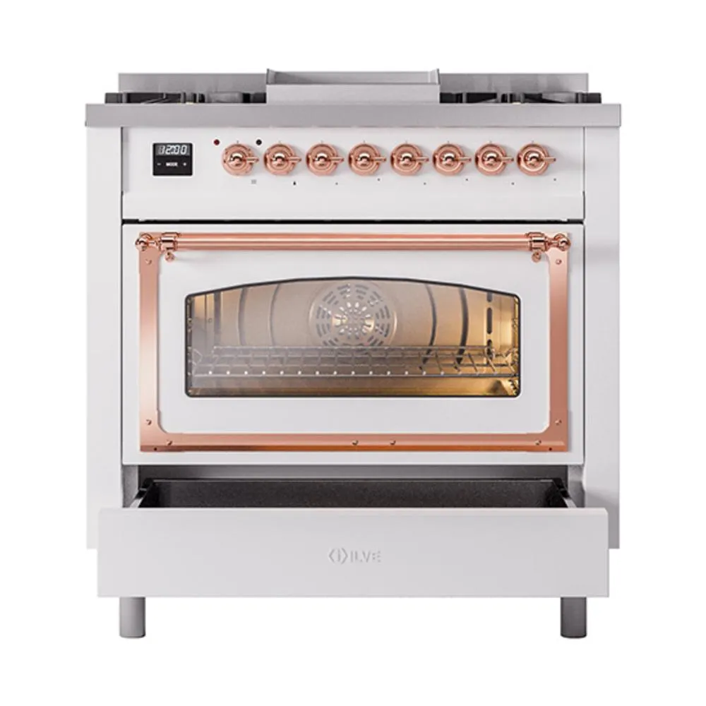 Ilve UN36FNMPWHP Ilve Un36Fnmpwhp Nostalgie Ii Noblesse 36" Dual Fuel Range (Natural Gas, Triple Glass Door, White, Copper)