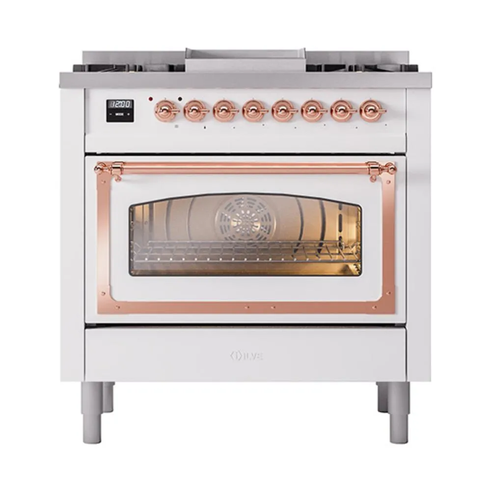 Ilve UN36FNMPWHP Ilve Un36Fnmpwhp Nostalgie Ii Noblesse 36" Dual Fuel Range (Natural Gas, Triple Glass Door, White, Copper)