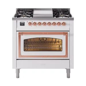 Ilve UN36FNMPWHPLP Ilve Un36Fnmpwhplp Nostalgie Ii Noblesse 36" Dual Fuel Range (Liquid Propane, Triple Glass Door, White, Copper)