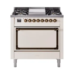 Ilve UN36FQNMPAWB Ilve Un36Fqnmpawb Nostalgie Ii Noblesse 36" Dual Fuel Range (Natural Gas, Solid Door, Antique White, Burnished)