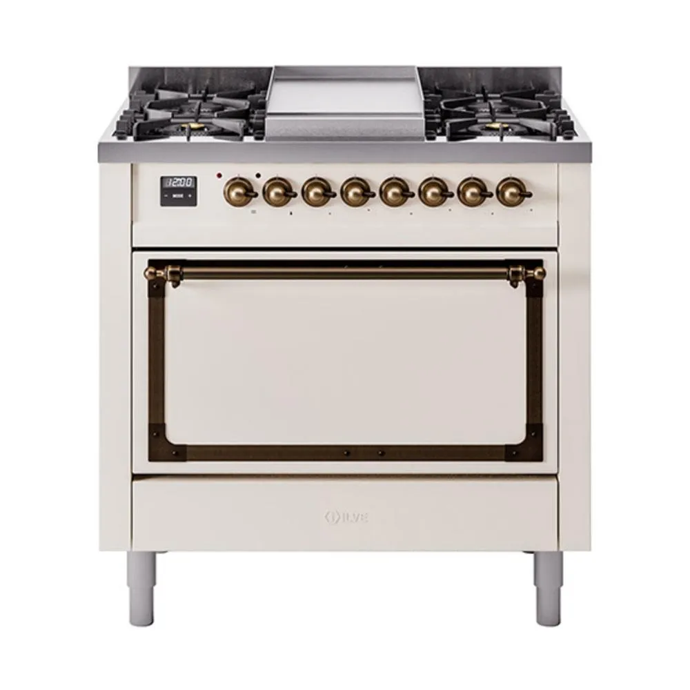Ilve UN36FQNMPAWBLP Ilve Un36Fqnmpawblp Nostalgie Ii Noblesse 36" Dual Fuel Range (Liquid Propane, Solid Door, Antique White, Burnished)