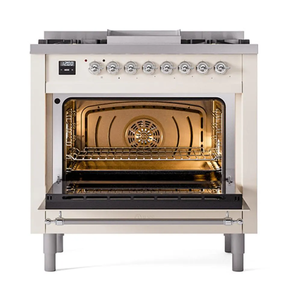 Ilve UN36FQNMPAWC Ilve Un36Fqnmpawc Nostalgie Ii Noblesse 36" Dual Fuel Range (Natural Gas, Solid Door, Antique White, Chrome)