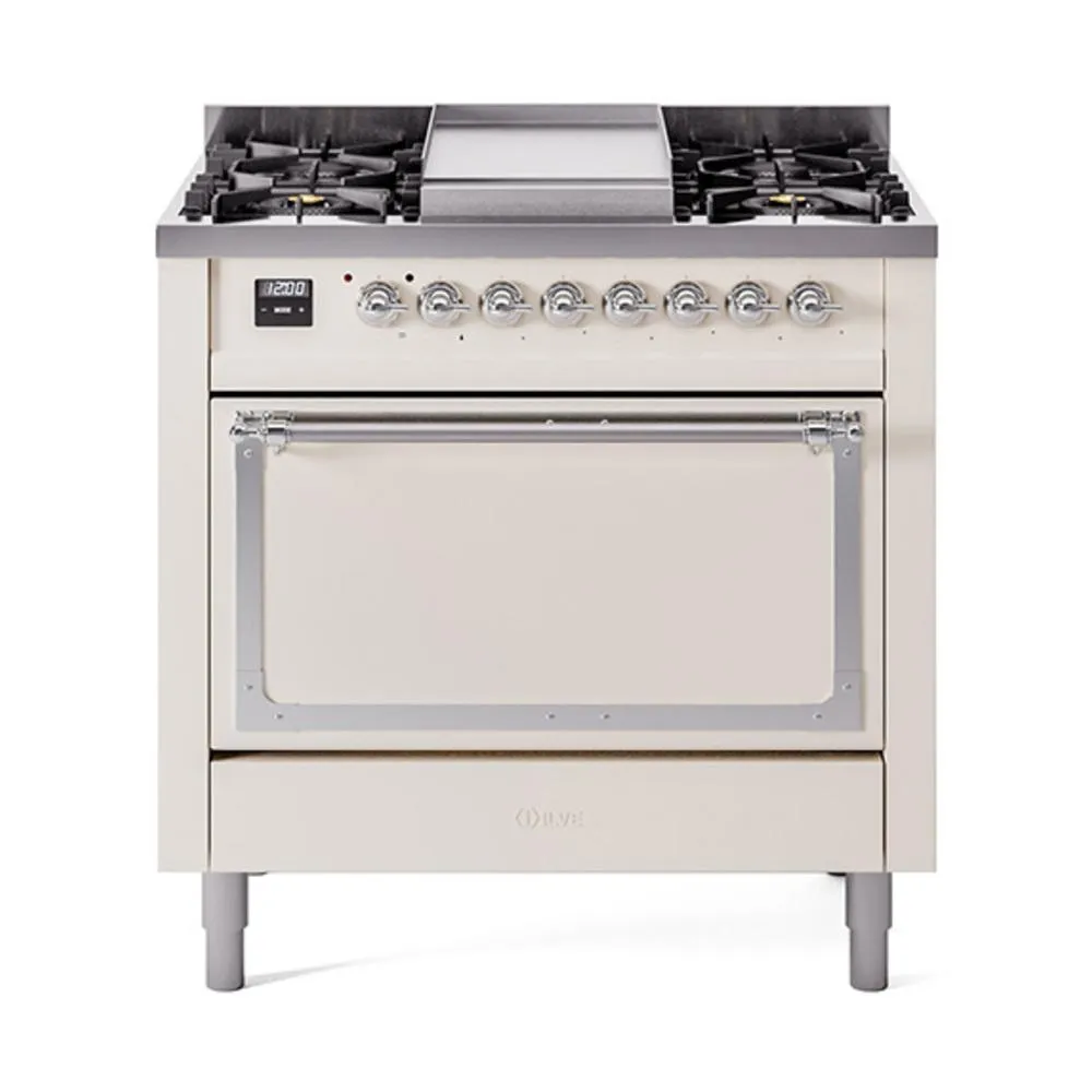 Ilve UN36FQNMPAWC Ilve Un36Fqnmpawc Nostalgie Ii Noblesse 36" Dual Fuel Range (Natural Gas, Solid Door, Antique White, Chrome)