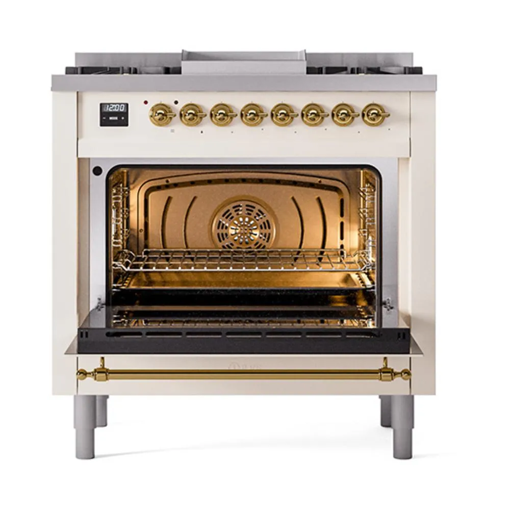 Ilve UN36FQNMPAWG Ilve Un36Fqnmpawg Nostalgie Ii Noblesse 36" Dual Fuel Range (Natural Gas, Solid Door, Antique White, Brass)