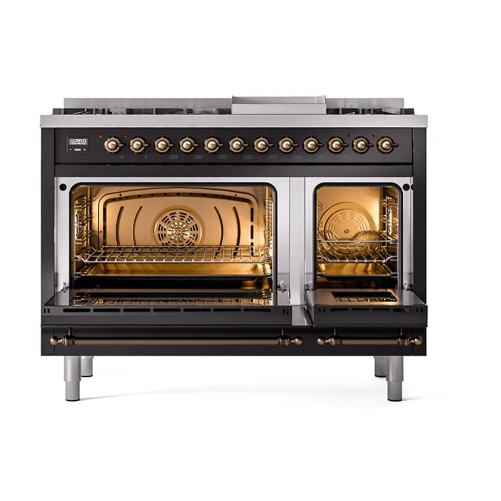 Ilve UN48FQNMPBKBLP Ilve Un48Fqnmpbkblp Nostalgie Ii Noblesse 48" Dual Fuel Range (8 Sealed Burners   Griddle, Liquid Propane, Solid Door, Glossy Black, Burnished)