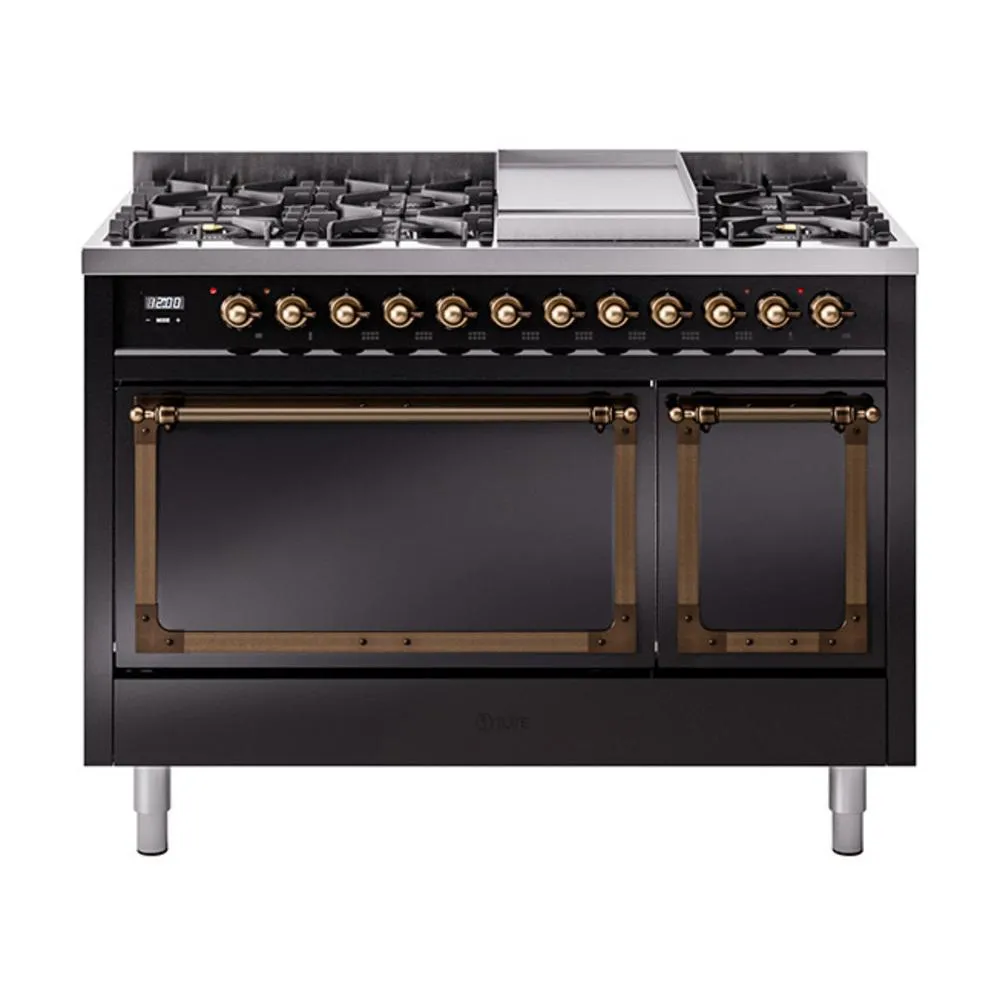 Ilve UN48FQNMPBKBLP Ilve Un48Fqnmpbkblp Nostalgie Ii Noblesse 48" Dual Fuel Range (8 Sealed Burners   Griddle, Liquid Propane, Solid Door, Glossy Black, Burnished)