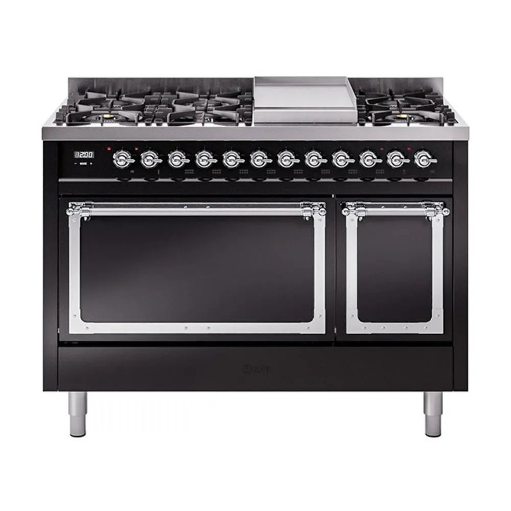 Ilve UN48FQNMPBKCLP Ilve Un48Fqnmpbkclp Nostalgie Ii Noblesse 48" Dual Fuel Range (8 Sealed Burners   Griddle, Liquid Propane, Solid Door, Glossy Black, Chrome)