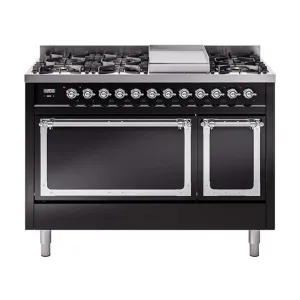 Ilve UN48FQNMPBKCLP Ilve Un48Fqnmpbkclp Nostalgie Ii Noblesse 48" Dual Fuel Range (8 Sealed Burners   Griddle, Liquid Propane, Solid Door, Glossy Black, Chrome)