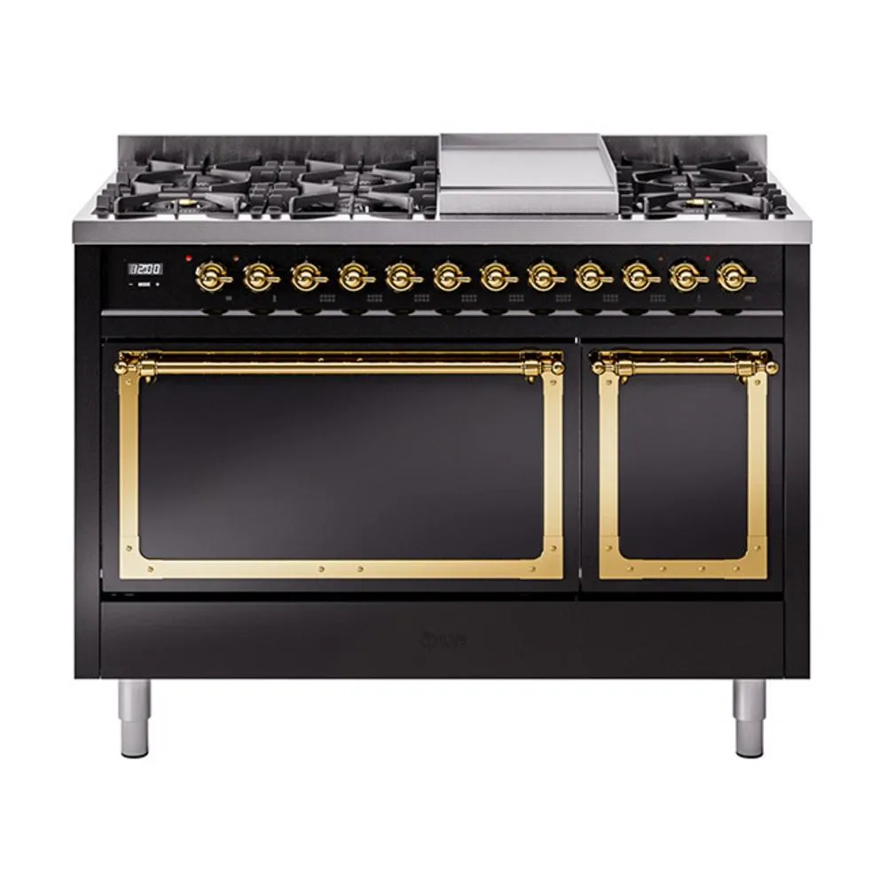 Ilve UN48FQNMPBKG Ilve Un48Fqnmpbkg Nostalgie Ii Noblesse 48" Dual Fuel Range (8 Sealed Burners   Griddle, Natural Gas, Solid Door, Glossy Black, Brass)