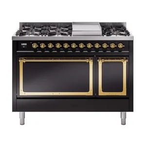 Ilve UN48FQNMPBKG Ilve Un48Fqnmpbkg Nostalgie Ii Noblesse 48" Dual Fuel Range (8 Sealed Burners   Griddle, Natural Gas, Solid Door, Glossy Black, Brass)