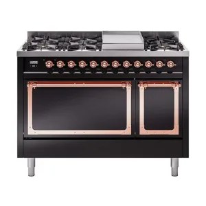 Ilve UN48FQNMPBKPLP Ilve Un48Fqnmpbkplp Nostalgie Ii Noblesse 48" Dual Fuel Range (8 Sealed Burners   Griddle, Liquid Propane, Solid Door, Glossy Black, Copper)