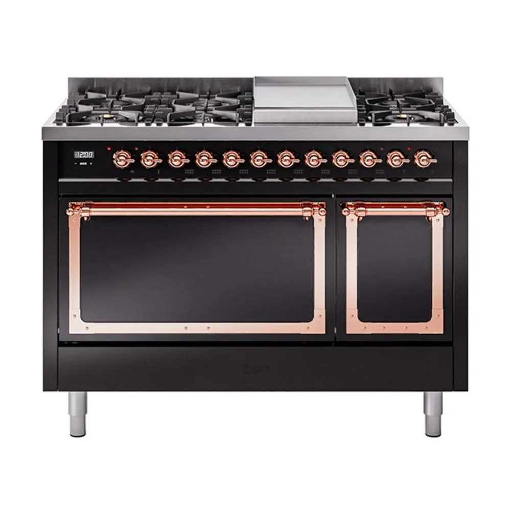 Ilve UN48FQNMPBKPLP Ilve Un48Fqnmpbkplp Nostalgie Ii Noblesse 48" Dual Fuel Range (8 Sealed Burners   Griddle, Liquid Propane, Solid Door, Glossy Black, Copper)