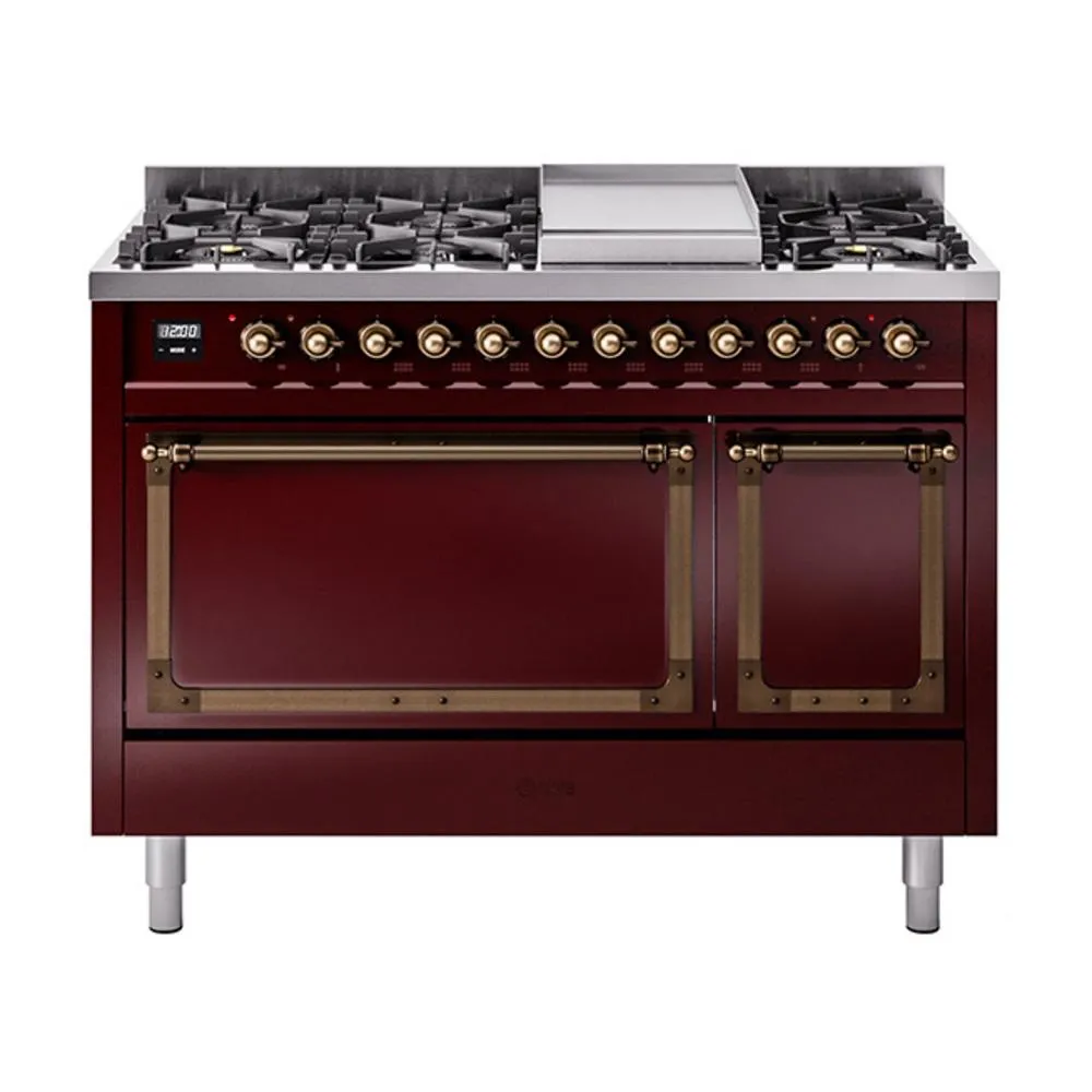Ilve UN48FQNMPBUBLP Ilve Un48Fqnmpbublp Nostalgie Ii Noblesse 48" Dual Fuel Range (8 Sealed Burners   Griddle, Liquid Propane, Solid Door, Burgundy, Burnished)