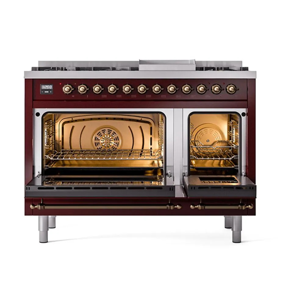 Ilve UN48FQNMPBUBLP Ilve Un48Fqnmpbublp Nostalgie Ii Noblesse 48" Dual Fuel Range (8 Sealed Burners   Griddle, Liquid Propane, Solid Door, Burgundy, Burnished)
