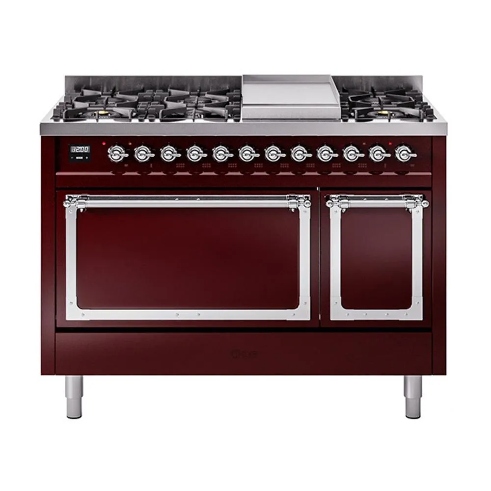 Ilve UN48FQNMPBUCLP Ilve Un48Fqnmpbuclp Nostalgie Ii Noblesse 48" Dual Fuel Range (8 Sealed Burners   Griddle, Liquid Propane, Solid Door, Burgundy, Chrome)