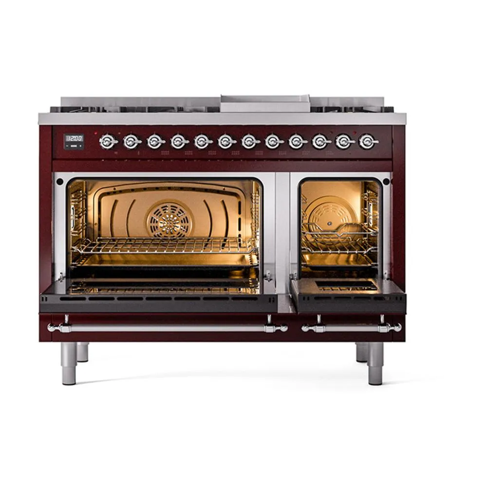 Ilve UN48FQNMPBUCLP Ilve Un48Fqnmpbuclp Nostalgie Ii Noblesse 48" Dual Fuel Range (8 Sealed Burners   Griddle, Liquid Propane, Solid Door, Burgundy, Chrome)
