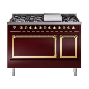Ilve UN48FQNMPBUG Ilve Un48Fqnmpbug Nostalgie Ii Noblesse 48" Dual Fuel Range (8 Sealed Burners   Griddle, Natural Gas, Solid Door, Burgundy, Brass)