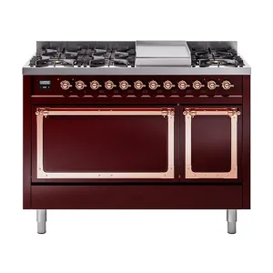 Ilve UN48FQNMPBUPLP Ilve Un48Fqnmpbuplp Nostalgie Ii Noblesse 48" Dual Fuel Range (8 Sealed Burners   Griddle, Liquid Propane, Solid Door, Burgundy, Copper)