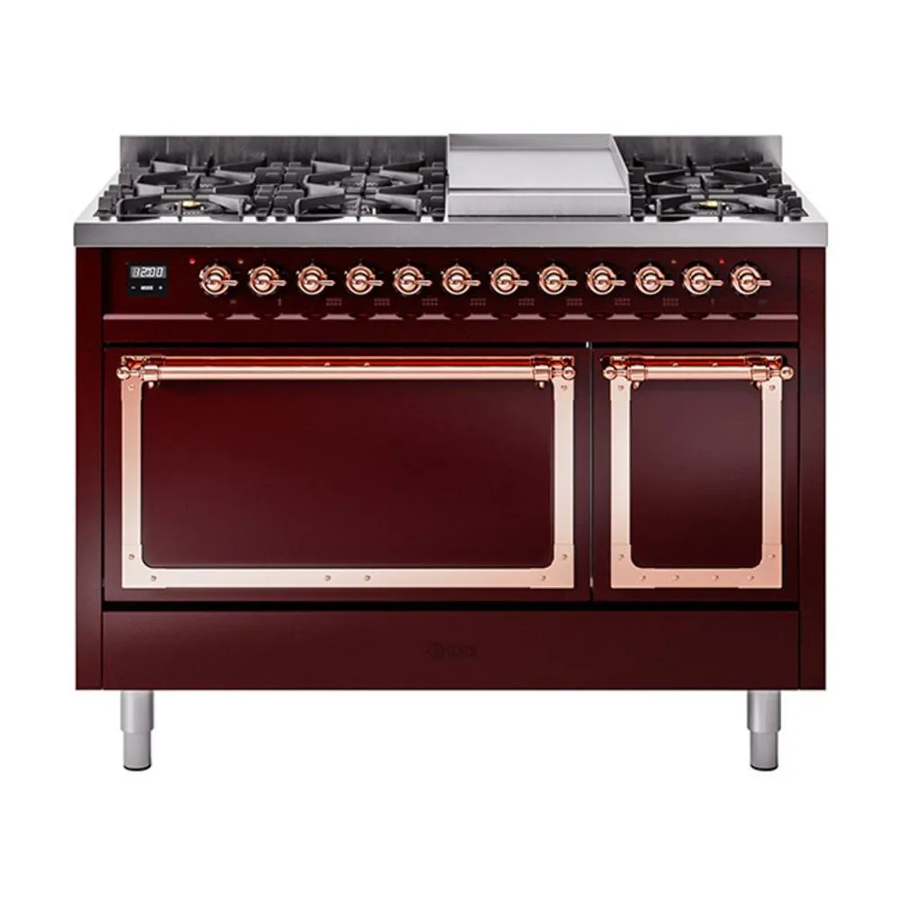 Ilve UN48FQNMPBUPLP Ilve Un48Fqnmpbuplp Nostalgie Ii Noblesse 48" Dual Fuel Range (8 Sealed Burners   Griddle, Liquid Propane, Solid Door, Burgundy, Copper)