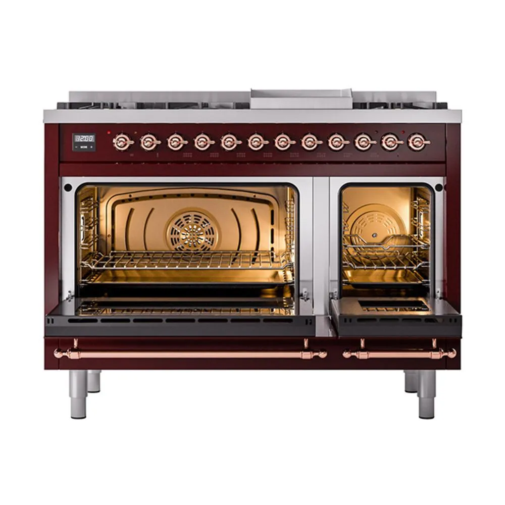 Ilve UN48FQNMPBUPLP Ilve Un48Fqnmpbuplp Nostalgie Ii Noblesse 48" Dual Fuel Range (8 Sealed Burners   Griddle, Liquid Propane, Solid Door, Burgundy, Copper)
