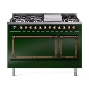 Ilve UN48FQNMPEGBLP Ilve Un48Fqnmpegblp Nostalgie Ii Noblesse 48" Dual Fuel Range (8 Sealed Burners   Griddle, Liquid Propane, Solid Door, Emerald Green, Burnished)