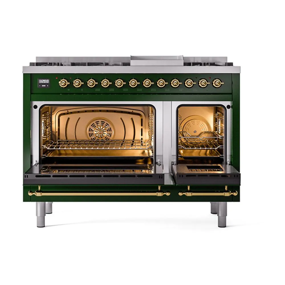 Ilve UN48FQNMPEGG Ilve Un48Fqnmpegg Nostalgie Ii Noblesse 48" Dual Fuel Range (8 Sealed Burners   Griddle, Natural Gas, Solid Door, Emerald Green, Brass)
