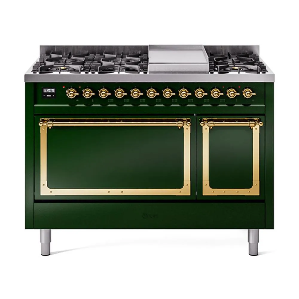 Ilve UN48FQNMPEGG Ilve Un48Fqnmpegg Nostalgie Ii Noblesse 48" Dual Fuel Range (8 Sealed Burners   Griddle, Natural Gas, Solid Door, Emerald Green, Brass)