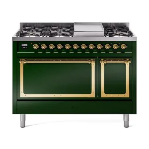 Ilve UN48FQNMPEGG Ilve Un48Fqnmpegg Nostalgie Ii Noblesse 48" Dual Fuel Range (8 Sealed Burners   Griddle, Natural Gas, Solid Door, Emerald Green, Brass)